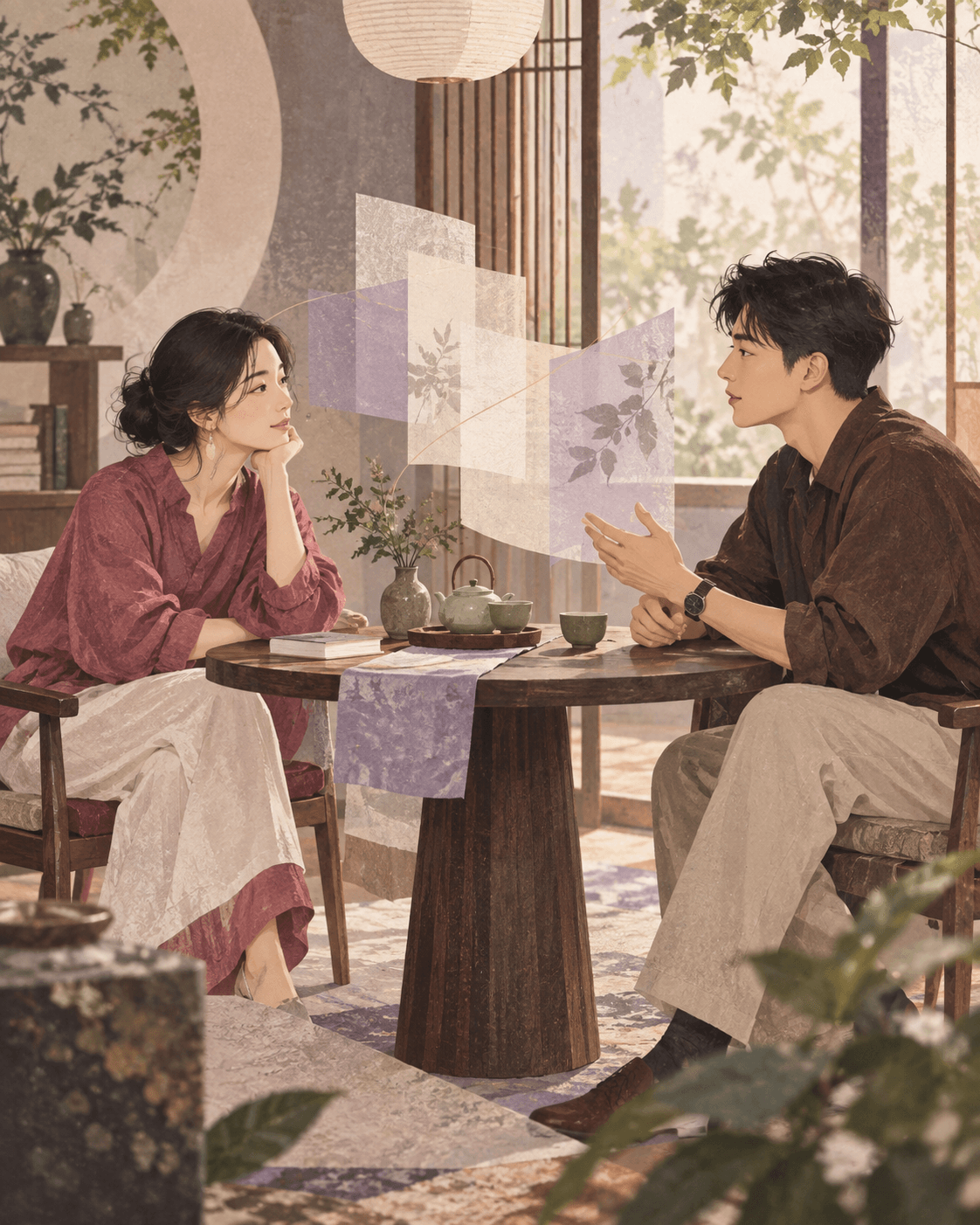 两个人在茶室里认真沟通